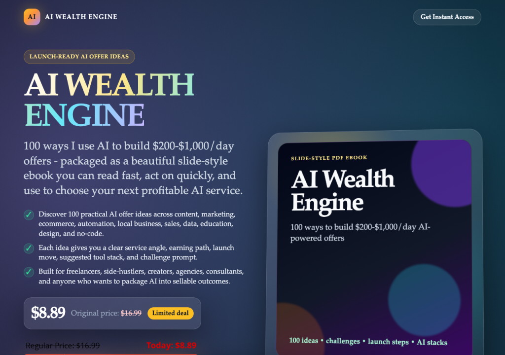 AI WEALTH ENGINE: 100 WAYS TO BUILD A $200-$1,000/day AI-POWERED OFFERS product thumbnail